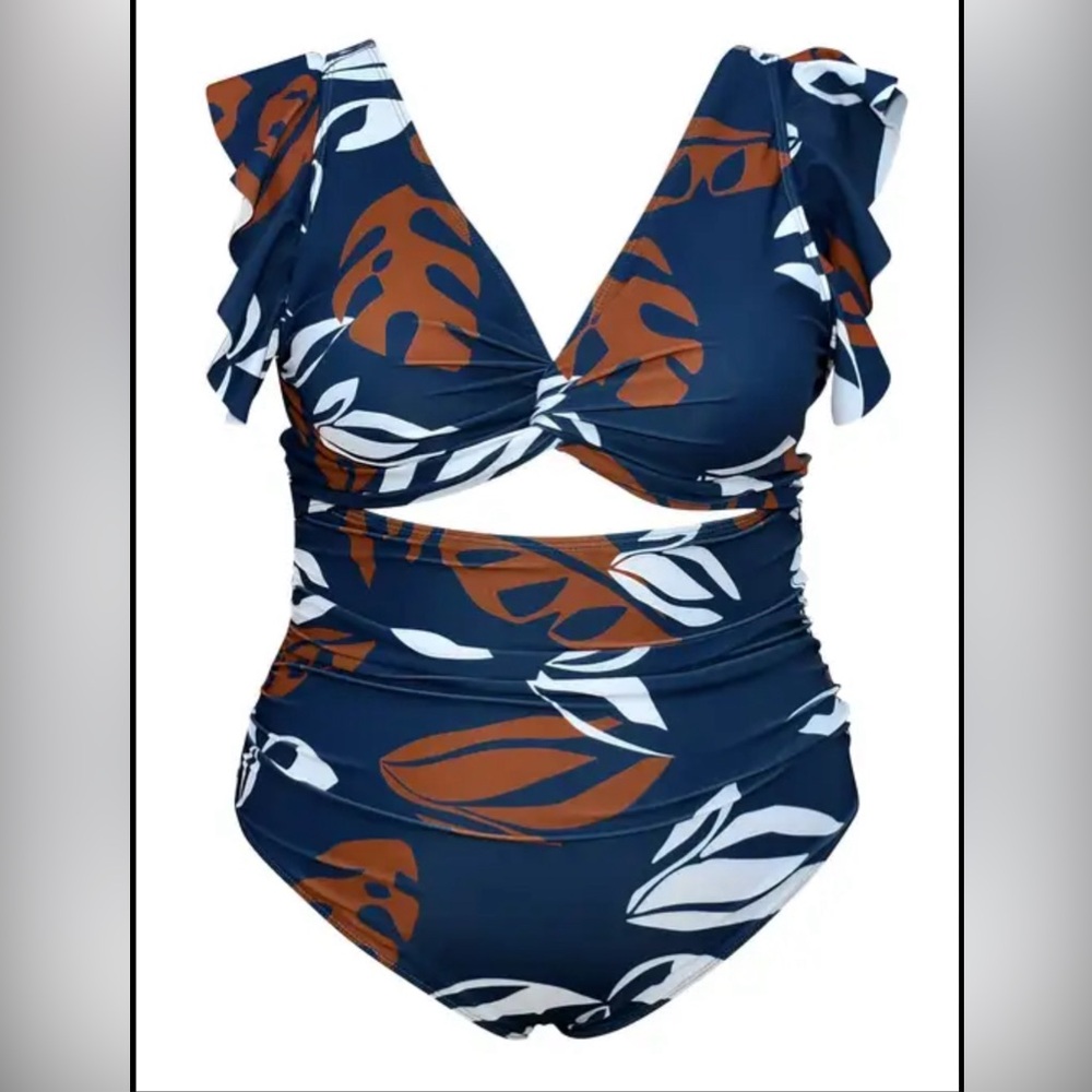 One piece women plus swimsuit floral 5X navy brown